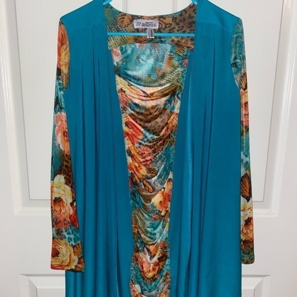 Teal Cardigan with Flowers and Animal Print
